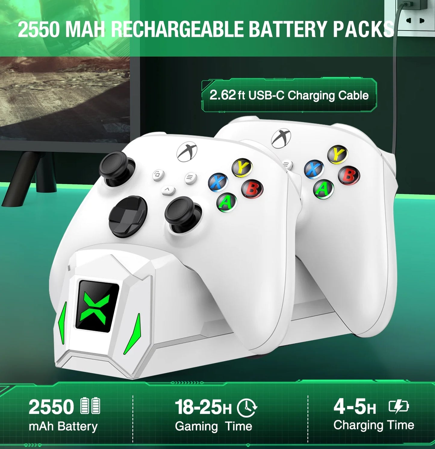 Controller Charger for Xbox One, Xbox Controller Charger Station with 2 X 2550Mah Rechargeable Battery Packs Compatible with Xbox Series X|S/One X/S/Elite