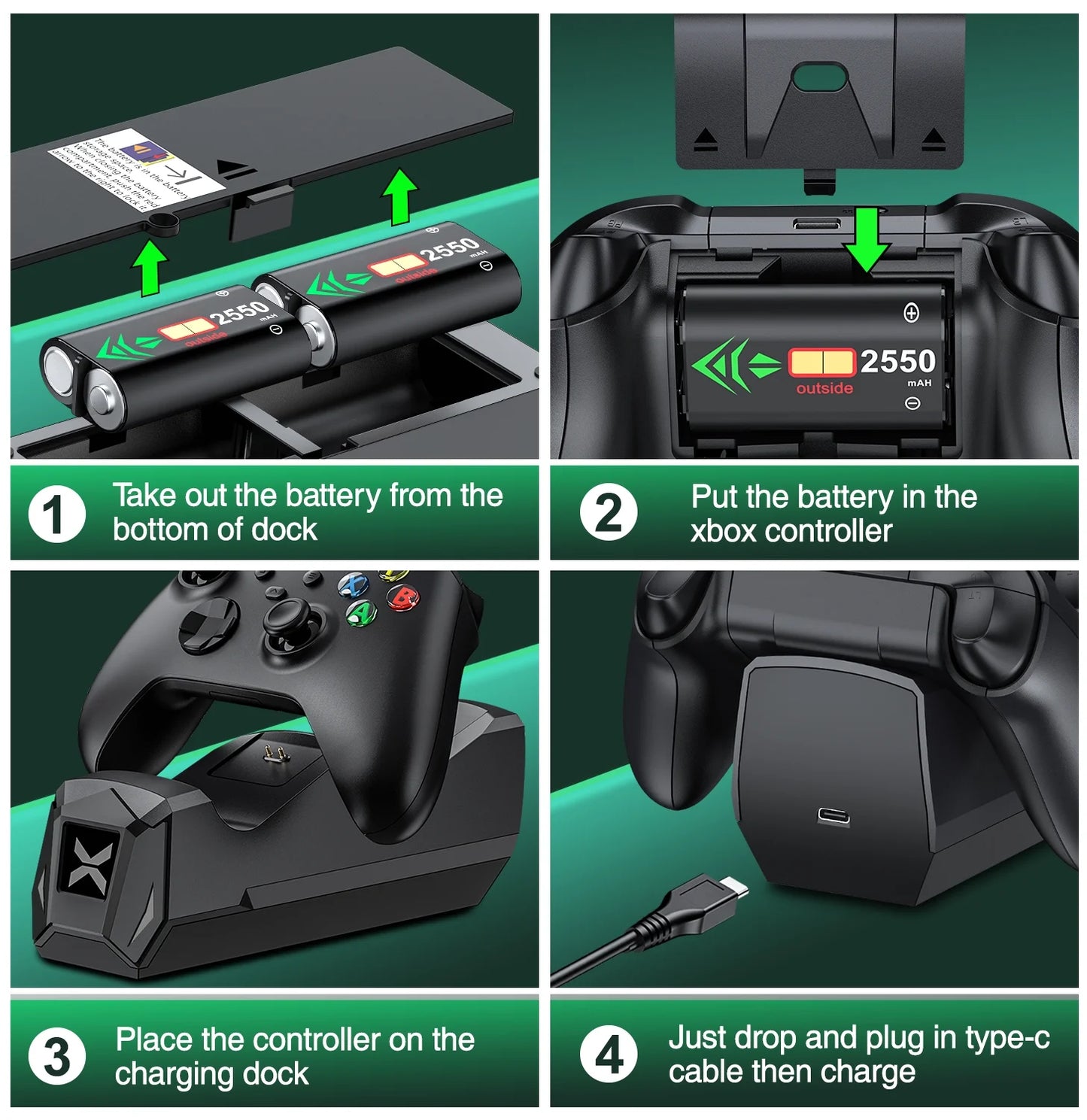 Xbox Controller Charger, Xbox Controller Charging Station with 2*2550Mah Rechargeable Battery Packs for Xbox Series X/S/One X/S/Elite