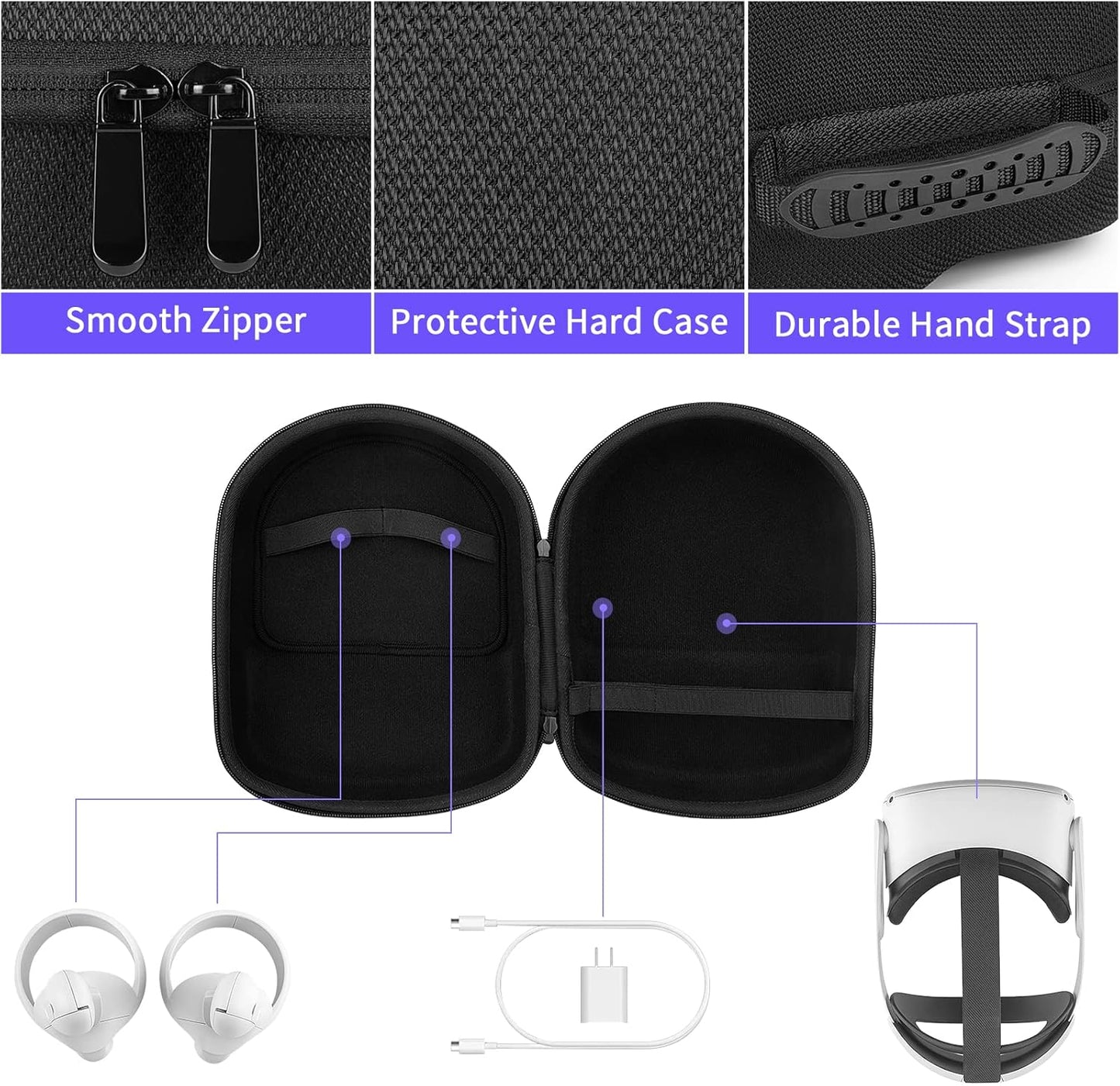 Yinke for Oculus/Meta Quest 2/Pico 4 Case, Hard Travel Carrying Case All-In-One Storage, Compatible with Elite Strap VR Headset and More Accessories (Black)