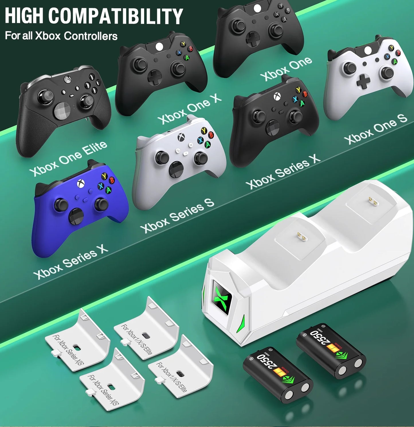 Controller Charger for Xbox One, Xbox Controller Charger Station with 2 X 2550Mah Rechargeable Battery Packs Compatible with Xbox Series X|S/One X/S/Elite