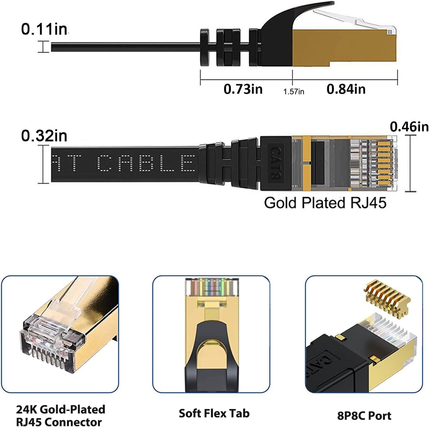 Cat 8 Ethernet Cable 50 FT, 40Gbps 2000Mhz Cat8 High Speed Flat Internet Network Patch Cord, SFTP Shielded LAN Wire with Gold Plated RJ45 Connector, with Clips, Outdoor Indoor- 50FT Black