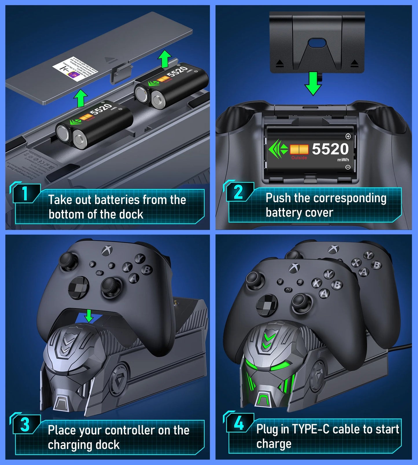 Xbox Controller Charger Station with 2 X 5520Mwh Rechargeable Batteries for Xbox One X/S/Elite