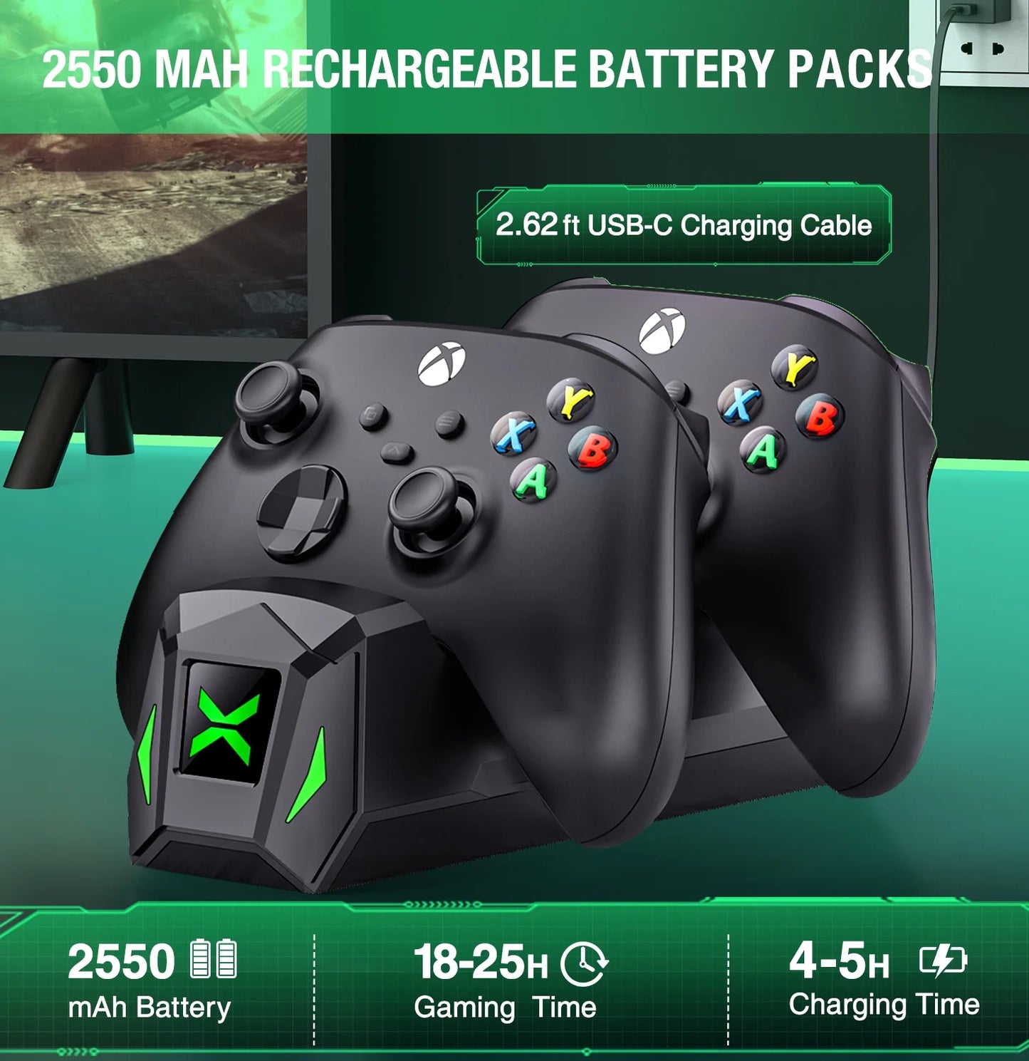 Xbox Controller Charger, Xbox Controller Charging Station with 2*2550Mah Rechargeable Battery Packs for Xbox Series X/S/One X/S/Elite