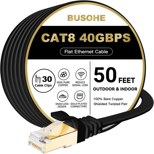 Cat 8 Ethernet Cable 50 FT, 40Gbps 2000Mhz Cat8 High Speed Flat Internet Network Patch Cord, SFTP Shielded LAN Wire with Gold Plated RJ45 Connector, with Clips, Outdoor Indoor- 50FT Black