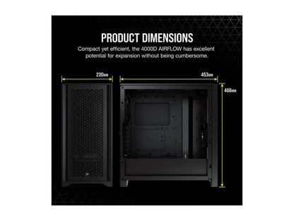 4000D AIRFLOW Tempered Glass Mid-Tower ATX Case - Black - Mid-Tower - Black - Steel, Tempered Glass, Plastic - 4 X Bay - 2 X 4.72" X Fan(S) Installed - 0 - ATX Motherboard Supported - 6 X