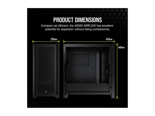 4000D AIRFLOW Tempered Glass Mid-Tower ATX Case - Black - Mid-Tower - Black - Steel, Tempered Glass, Plastic - 4 X Bay - 2 X 4.72" X Fan(S) Installed - 0 - ATX Motherboard Supported - 6 X